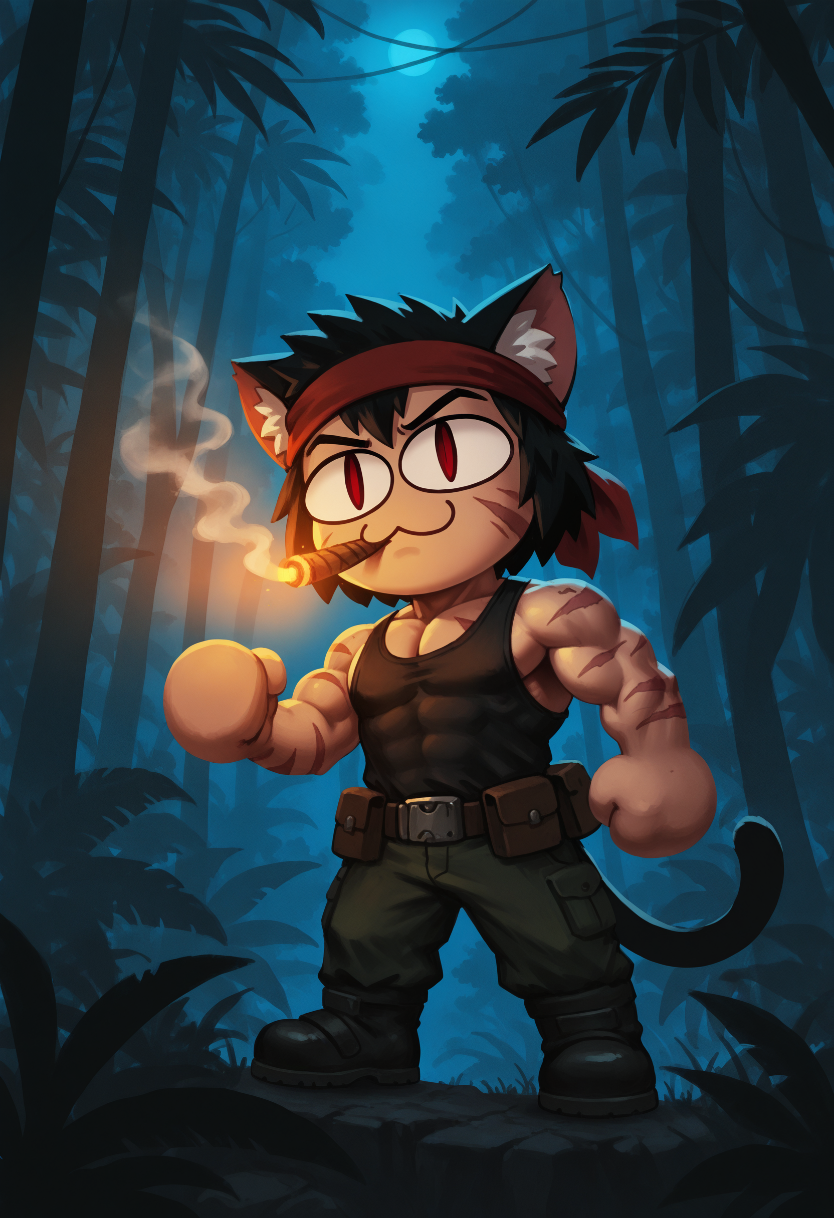 source_anime, masterpiece, best quality, newest, highres, absurdres, solo, 1boy, SlyMAAAHrbo,short hair, black hair, head bandana, lit cigar, smoke, scars, manly, muscular, tank top,  noccen, animal ears, :3, chibi, cat tail, animal ear fluff, slit pupils, BREAK jungle background, trees, leaves, dark, night, <lora:SlyMAAAHrboV.01-000014:0.7> <lora:necoarccon-guy90-Illust-LycorisV1:0.8>
