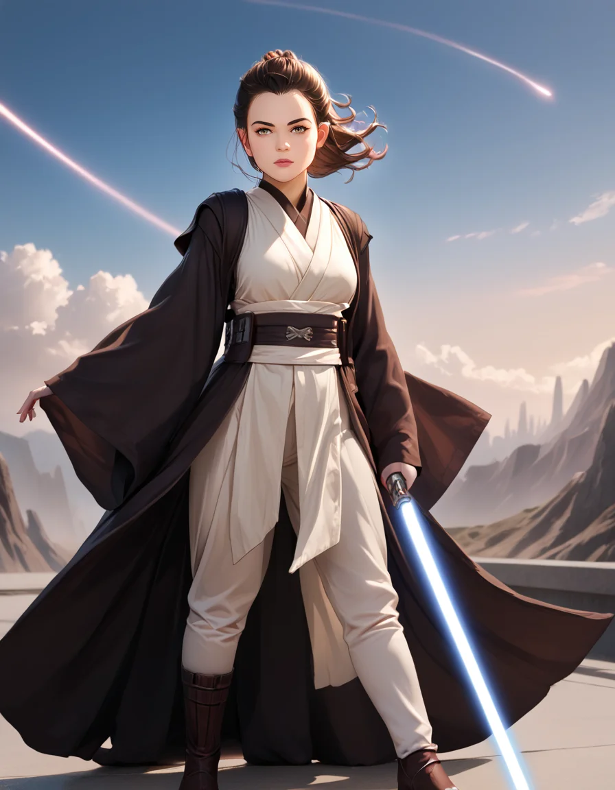 score_9, score_8_up, score_7_up,
1girl wearing j3di,
holding lightsaber,wide sleeves,
heroic pose, wind,
outdoors, detailed spaceship background,
<lora:jedi_r2:0.9>