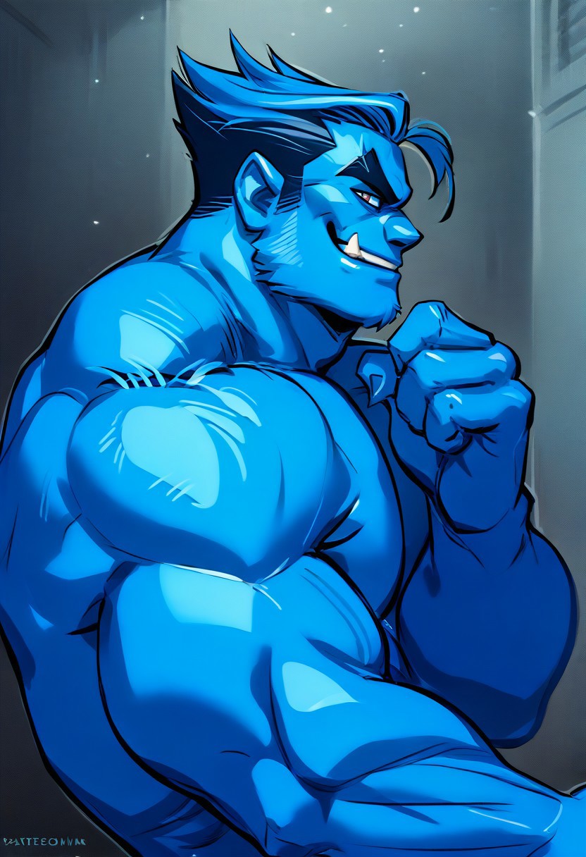 score_9, score_8_up, score_7_up, source_cartoon, solo, 1boy, x_be@st, blue fur, blue hair, blue sideburns, fangs, muscular, smirk, portrait, side view,