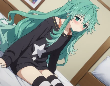 score_9, score_8_up, score_7_up, source_anime,
natsumikyouno, <lora:natsumi-kyouno-s4s5-ponyxl-lora-nochekaiser:1>,
natsumi kyouno, long hair, very long hair, green hair, aqua hair, green eyes,
thighhighs, long sleeves, striped, star \(symbol\), sweater, striped thighhighs, star print,
indoors, bed, bed room, on side, blush, drunk,
looking at viewer, solo, cowboy shot, dutch angle,