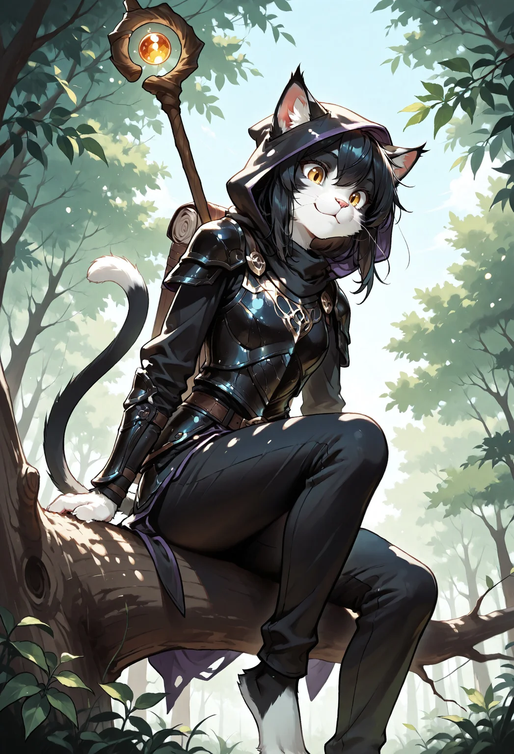score_9, score_8_up, score_7_up, (solo), sfw BREAK 1girl, Ember (ESO), anthro, feline, black and white fur, cat tail, black hair, slim, (black armor:1.2), pants, hood, (wizard's staff on the back:1.2), BREAK in the forest, trees, ((looking down)), :3, sitting on branch, beautiful nature background, summer, day, beautiful sky, extremely detailed, cinematic soft lighting, tranquil setting, natural beauty, detailed background, sharp focus, extremely detailed, high detail, dynamic angle, dynamic pose