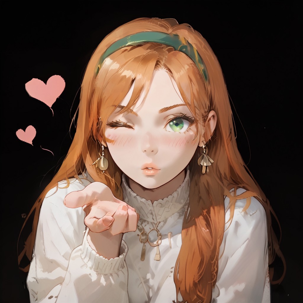 score_9, score_8_up, score_7_up, score_6_up, 1girl,Connie Taylor, orange long hair, green eyes, green hairband, blowing kiss, heart, Sticker, Simple background, black background, sticker, different angles, looking at the viewer, one eye shot close, blushing, no bangs, 
<lora:Katawa_Shoujo_charpack-000010:1>