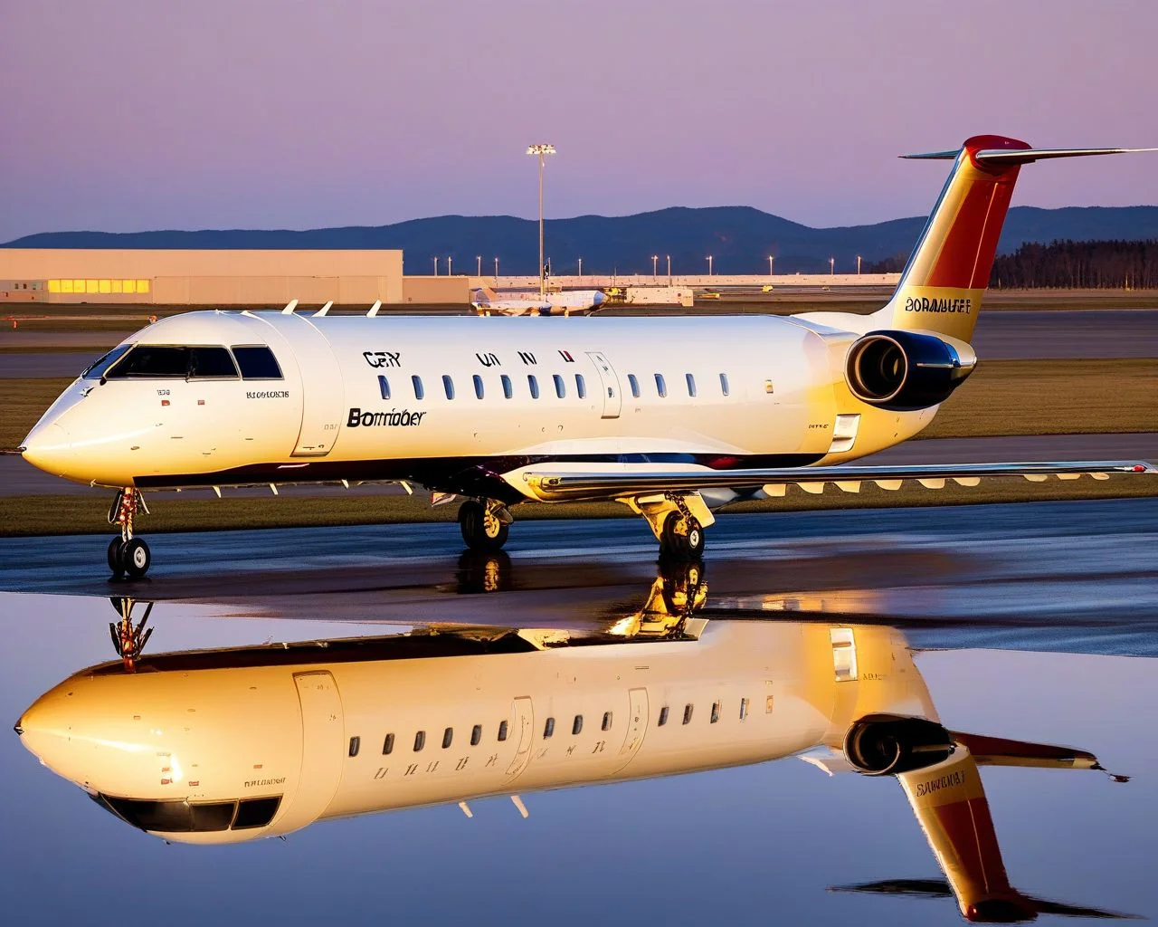 Bombardier_CRJ200, business brochure photo, taxiway reflections, golden hour light, parked, small_aircraft, masterpiece, best quality, amazing quality <lora:Mini list aircraft sdxl V1:1>