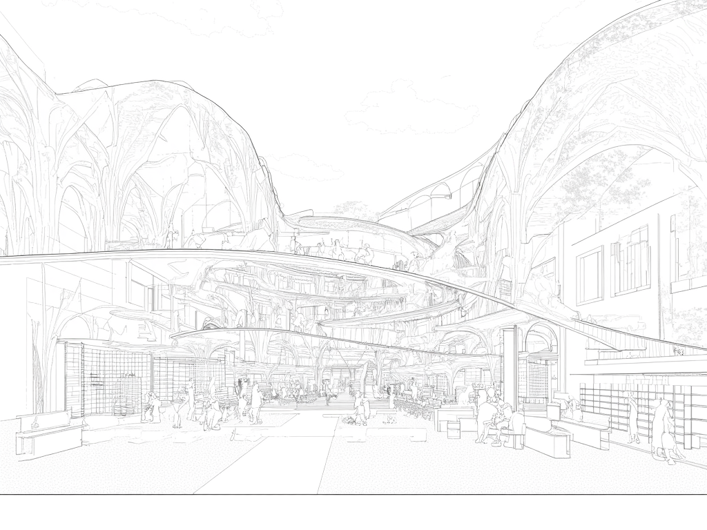 A sectional perspective drawing of a library with a dynamic, vivid interior scene. Several people are sitting and walking in the living area. The library features multiple levels, with interconnected spaces unified by curved structural elements. A large, open central atrium connects the floors visually and physically, with a sweeping ramp spiraling up to provide circulation. The architecture emphasizes fluid forms, with arches and vault-like elements supporting the floors and creating a sense of openness. The structural members appear light yet dynamic, contributing to an elegant aesthetic. The ground floor includes spaces with tables and chairs, suggesting areas for study or collaboration. The upper levels seem dedicated to reading areas and book storage, with shelves integrated into the walls. The perspective hints at a lively atmosphere, where people are reading, walking, or interacting within the space. The design prioritizes visibility and accessibility, encouraging community engagement and exploration. Large, open spaces suggest ample natural light, with potential for skylights or transparent facades. The interplay of light and shadow across the curved elements adds depth and dimension to the environment.,lineartSectionPerspectiveDrawing,lineartSectionPerspectiveDrawing