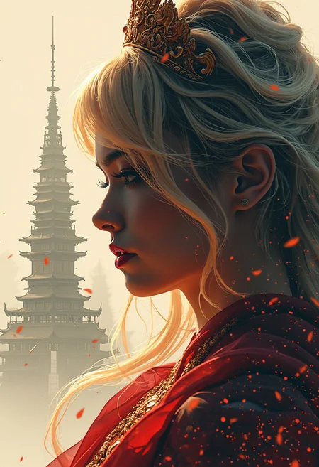 Silhouette Art, magnificent, inksplash double exposure, crisp lines, sci-fi citadel behind closeup photorealistic portrait of stunning japanese sci-fi galactic warrior princess, blonde loose hair, coronet, red lips, elaborate gown, directional lighting