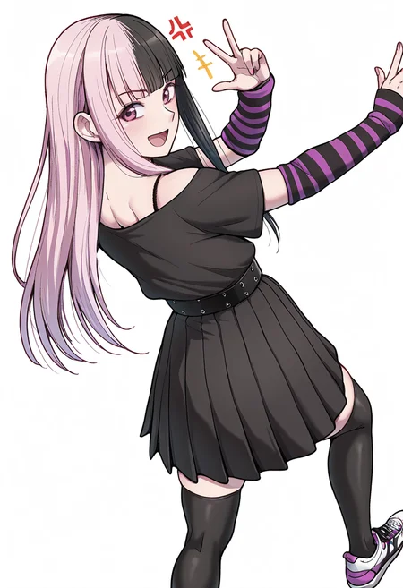 Smooth Quality,masterpiece,very intricate, high quality details, ultra realistic, high detailed skin,detailed enviorement,absurdres,
simple background, white background, dancing,skindentation, solo,from behind,w,
<lora:DangerousBitch_Femboy_CNR:0.8> dangerousfemb_cnr, 1boy,androgynous,pink hair,split-color hair, black hair, long hair, blunt bangs, pink eyes, otoko no ko,
black off-shoulder shirt, short sleeves, shirt tucked in,pleated skirt, belt, thighhighs,striped arm warmers,bra strap,sneakers,, anger vein,, ^o^,