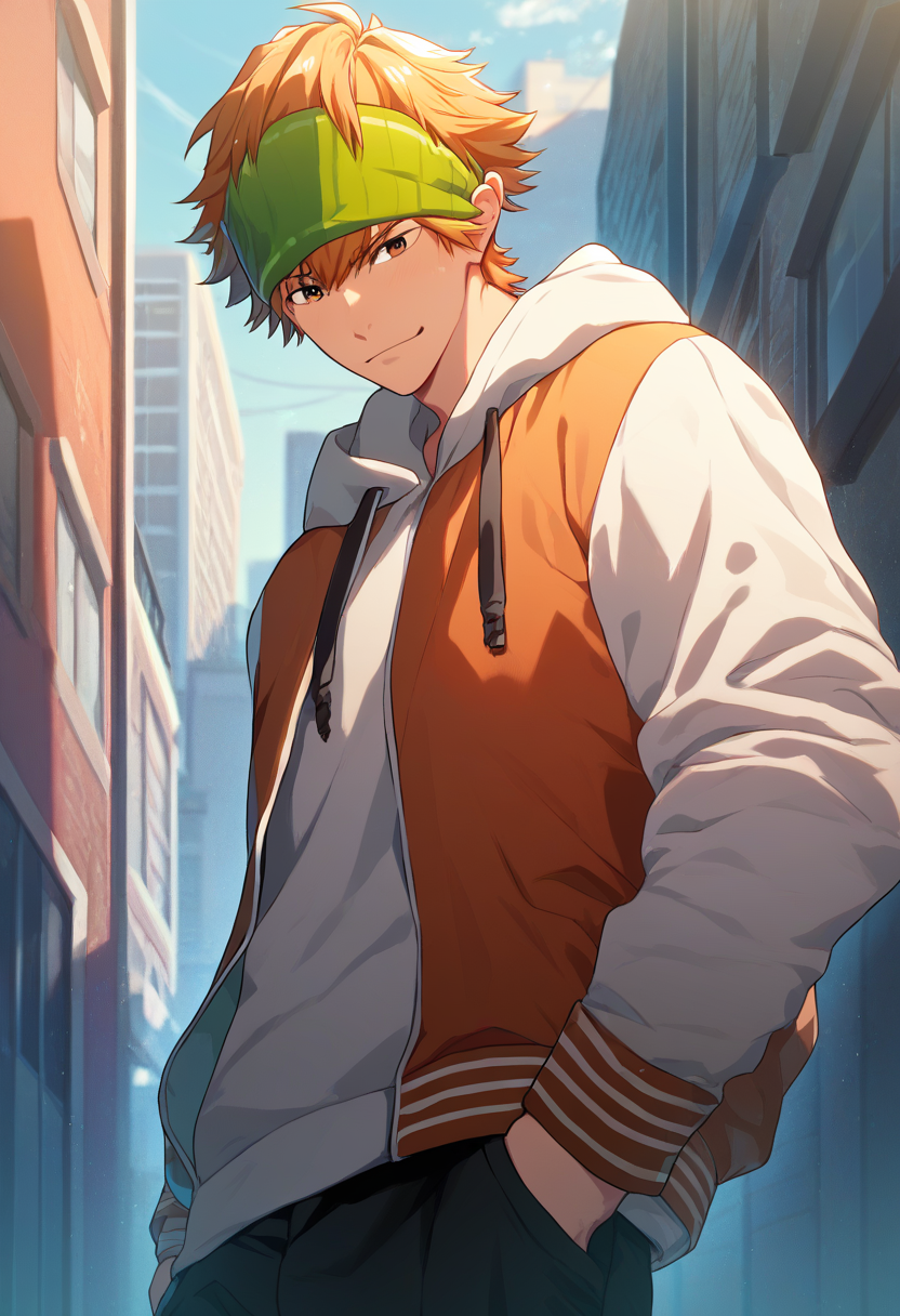 1boy, male focus, 
<lora:Character - Kenka Bancho Otome - Totomaru Minowa:1> totomaru, blonde hair, green headband, brown eyes,
((zPDXL)), score_9_up, score_8_up, score_7_up, score_6_up, score_5_up, score_4_up, best quality, amazing quality, best aesthetic, absurdres, year2023, nsfw, uncensored,
hood, looking at viewer, outdoors, letterman jacket, happy, city, standing, cowboy shot,