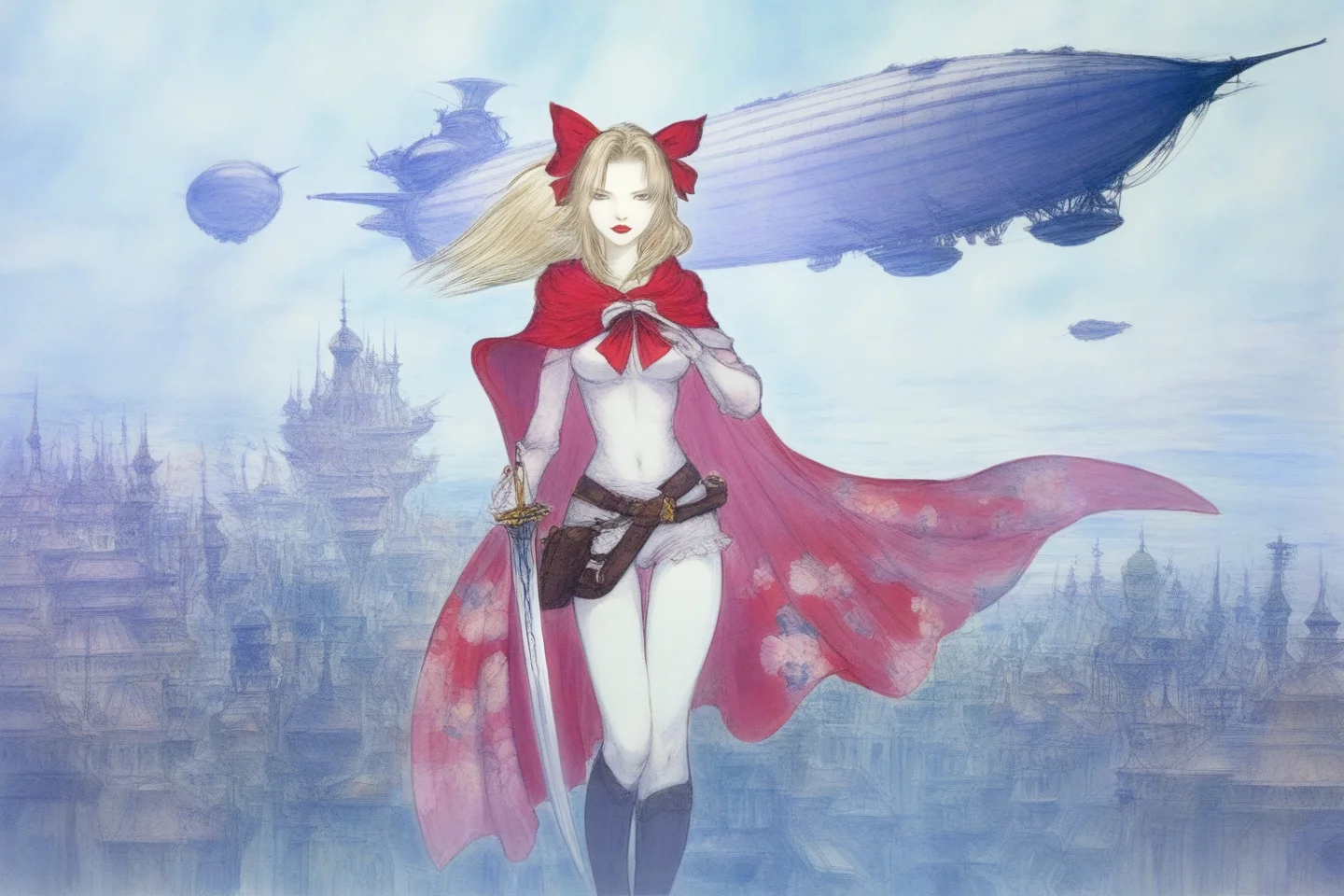 by amano yoshitaka, terra branford, final fantasy, 1girl, aircraft, airship, blonde hair, bow, cape, detached sleeves, floral print, hair bow, looking at viewer, pale skin, pantyhose, pink cape, red lips, see-through cape, solo, sword, weapon, hires <lora:amano_yoshitaka_xl:1>