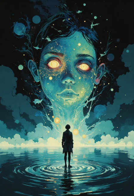 masterpiece, high-quality, A woman stands at the edge of a crystalline lake, her constellation tattoos glowing faintly as they shift and ripple across her skin, as though alive with celestial motion. Captured from a slightly high, intimate angle, the camera reveals her wistful gaze fixed on the mirrored surface of the water, where faint, otherworldly creatures swim just beneath the surface. Her shadow stretches long and surreal behind her, transforming into a swirling cosmic pattern of stars and nebulae. The hyperdetailed setting is awash in muted twilight tones, creating an introspective and mysterious atmosphere that blends surrealism and realism seamlessly, <lora:FLUX\FLUX-daubrez-DB4RZ:0.3> <lora:FLUX\Anime v1.3:0.5> <lora:FLUX\VividlySurrealOrigin:0.6> <lora:FLUX\ArcaneFGTNR:0.5>