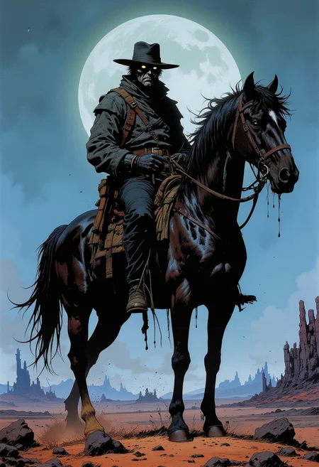 Comic book style, absurdes, surreal, horror theme, (Hyperrealism), apocalypse raider in vast desert, (sitting on shadow horse:1.2), riding, glowing eyes, living shadow, dark country blues, no country for living old man, timeless masterpiece, dramatic, low key, paranormal, otherworldly, anger, foggy, gloomy, dark fantasy, despair,madness mourn, darkness, damnation, cursed, chiaroscuro, glowing,conjuring, otherworldy, visualy stunning ,double exposure, contrast lighting, mysterious atmosphere, eerie atmosphere, dramatic lighting, color contrast,mesmerizing and otherworldly visual experience, artistic, master class.
