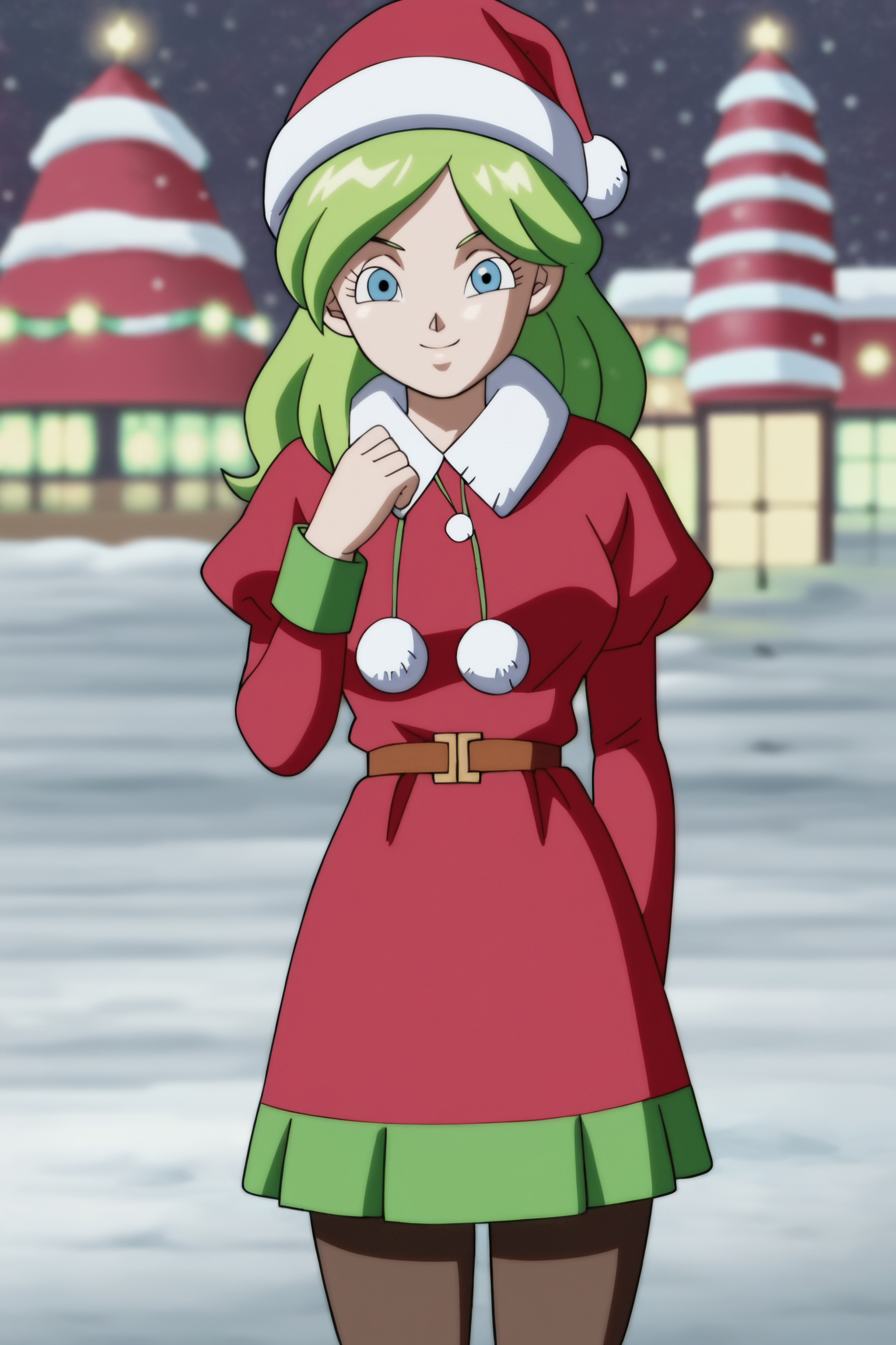 source_anime, score_9, score_8_up, score_7_up, anime screencap, absurd res, high quality,
solo, 1girl, official style,
brianne, long hair, green hair, blue eyes,
santa costume, santa hat, smile, short skirt, belt, snow, outdoors, dutch angle, cowboy shot, 
<lora:Kamikaze_Fireballs_v1:0.8>