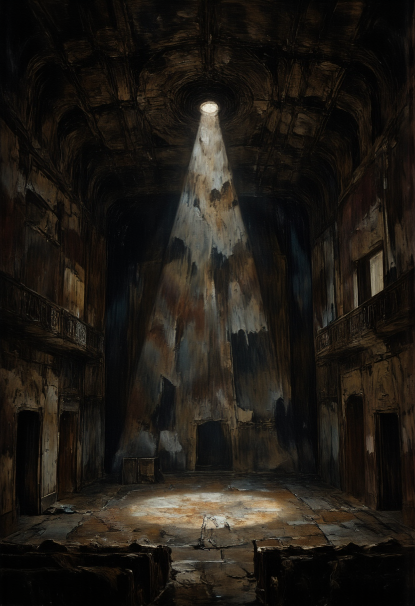A deserted theater with one lone spotlight shining on an empty stage, Endings and Goodbyes, in memadukan_painter art style, <lora:Memadukan_Brush_Strokes_of_Fineart:1.0>