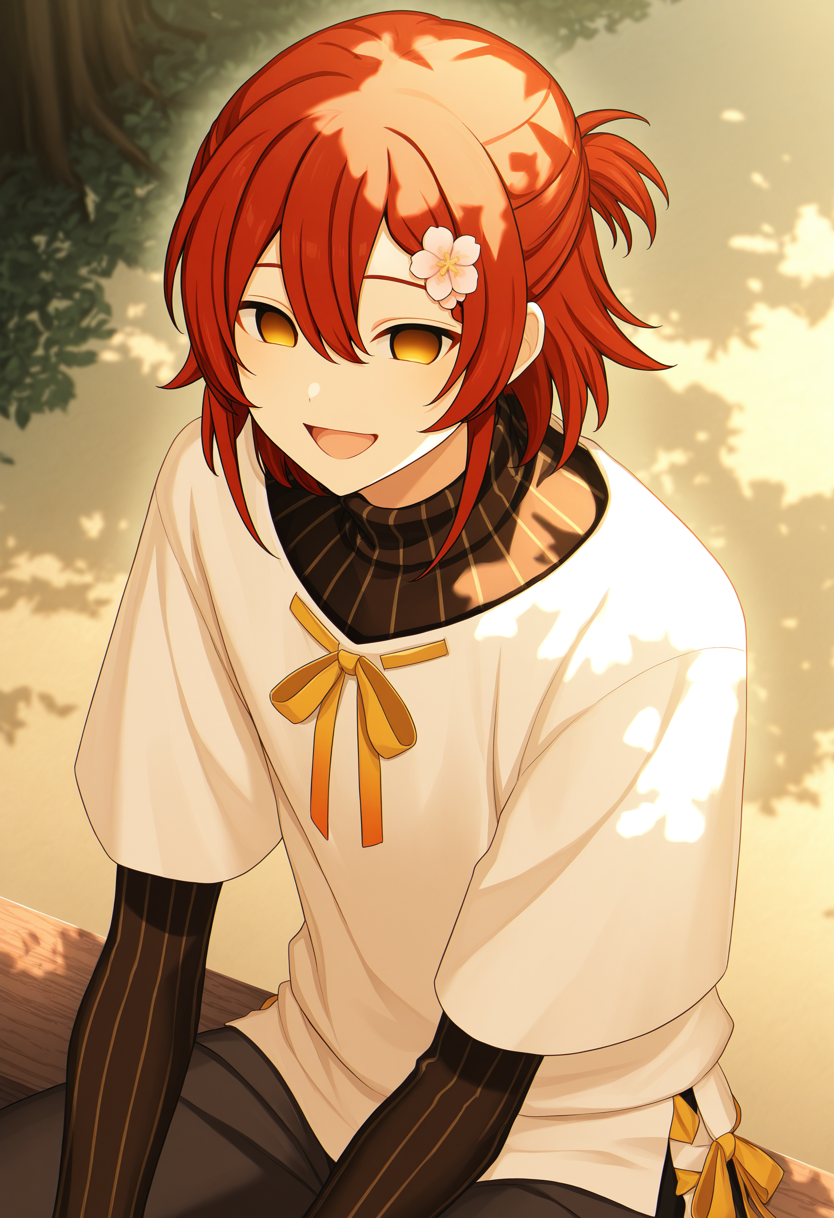 hanasaki miyabi, short over long sleeves, 1boy, hair flower, red hair, male focus, yellow eyes, hair between eyes, yellow ribbon, white shirt, hairclip, turtleneck, hollow eyes, black shorts, short hair, half updo, black sweater, pants,
outdoors, sitting, :d, looking at viewer, open mouth, dappled sunlight, outdoors, tree shade,
masterpiece, best quality, very aesthetic, absurdres
<lora:holostars_allmems_illustrious_v1:1>
<lora:illustrious_noobai_epsilon_pred_1_masterpieces_v1:1>