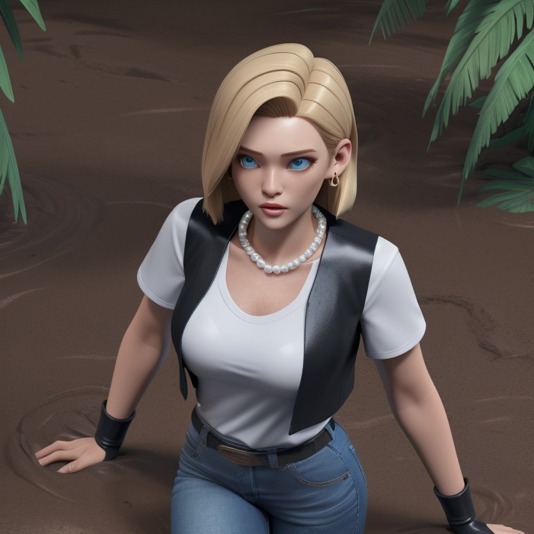 Masterpiece, best quality, 3DMM, shiny skin, 1girl, medium breasts, waist-deep, rainforest, clearing, tropical plants, 3d animation, cgi, from above, looking at the viewer, scared, :o,  partially submerged, sinking in quicksand, brown mud, and18, 1girl, android 18, solo, blonde hair, blue eyes, belt, jeans, pearl_necklace, bracelet, black gloves, white shirt, short hair, short sleeves, earrings, blue pants, open vest, black vest, large breasts