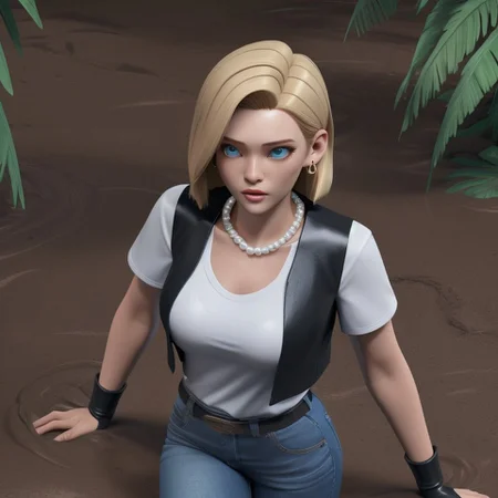 Masterpiece, best quality, 3DMM, shiny skin, 1girl, medium breasts, waist-deep, rainforest, clearing, tropical plants, 3d animation, cgi, from above, looking at the viewer, scared, :o,  partially submerged, sinking in quicksand, brown mud, and18, 1girl, android 18, solo, blonde hair, blue eyes, belt, jeans, pearl_necklace, bracelet, black gloves, white shirt, short hair, short sleeves, earrings, blue pants, open vest, black vest, large breasts
