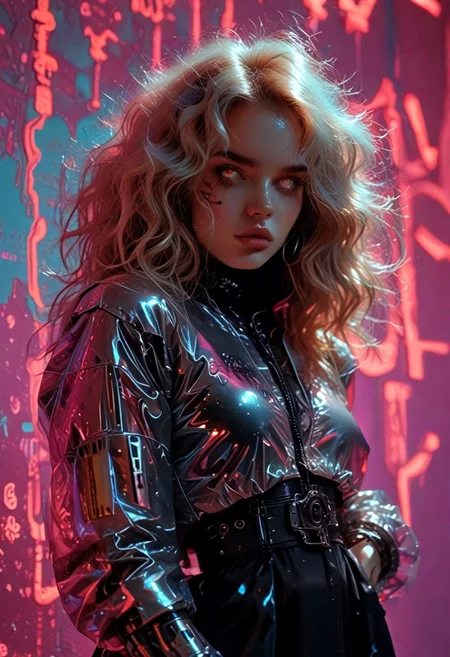 score_7_up, (score_9:1.1), (ugly:0.9),(pretty:1.4),1woman, adult, realistic, realism, hyper realistic, sparkling hair, floaty hair, wavy hair, (soft light coloured hair:1.3), (red iris, glowing iris, neon white pupils:1.3), looking at viewer, big hair, huge afro, zero gravity hair, detailed, perfect, perfection, hands, big scar across face,
BREAK,
((extra_puffy_jacket, black skirt, glossy lips, shiny skin)), full lips, hands behind back, (upper body:1.9),  blocky shape cybernetics, cybernetics, cybernetic skin, raised eyebrow, pale skin, ((snub nose:1.4)), breasts, (prominent abs:1.1), focus upper body,  sweating, 
BREAK,
(neon background, future slums, neon, cybernetic background, mist:1.3),(cybernetic mechanical arm, prosthesis:1.3),