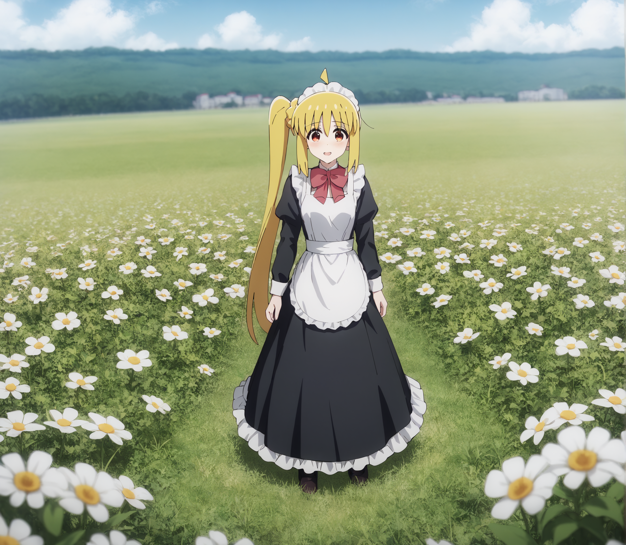 score_9, score_8_up, score_7_up, highres, hi res, best quality, masterpiece, 2d, intricate details, 4k, anime coloring, shadow, uncensored,
1girl, solo, female, :3, long hair, blonde hair, red eyes, ahoge, sidelocks, side ponytail, detached ahoge,
maid headdress, maid, maid apron, long sleeves, black dress, frills, frilled dress, frilled skirt, frilled sleeves, long dress, 
cowboy shot, three-quarter portrait, facing viewer, front view, standing, 
flower field, outdoors, grass, on grass, depth of field, motion blur, <lora:Nijika_Ijichi_1024_Pony:1>, ijichi nijika, bocchi the rock!,