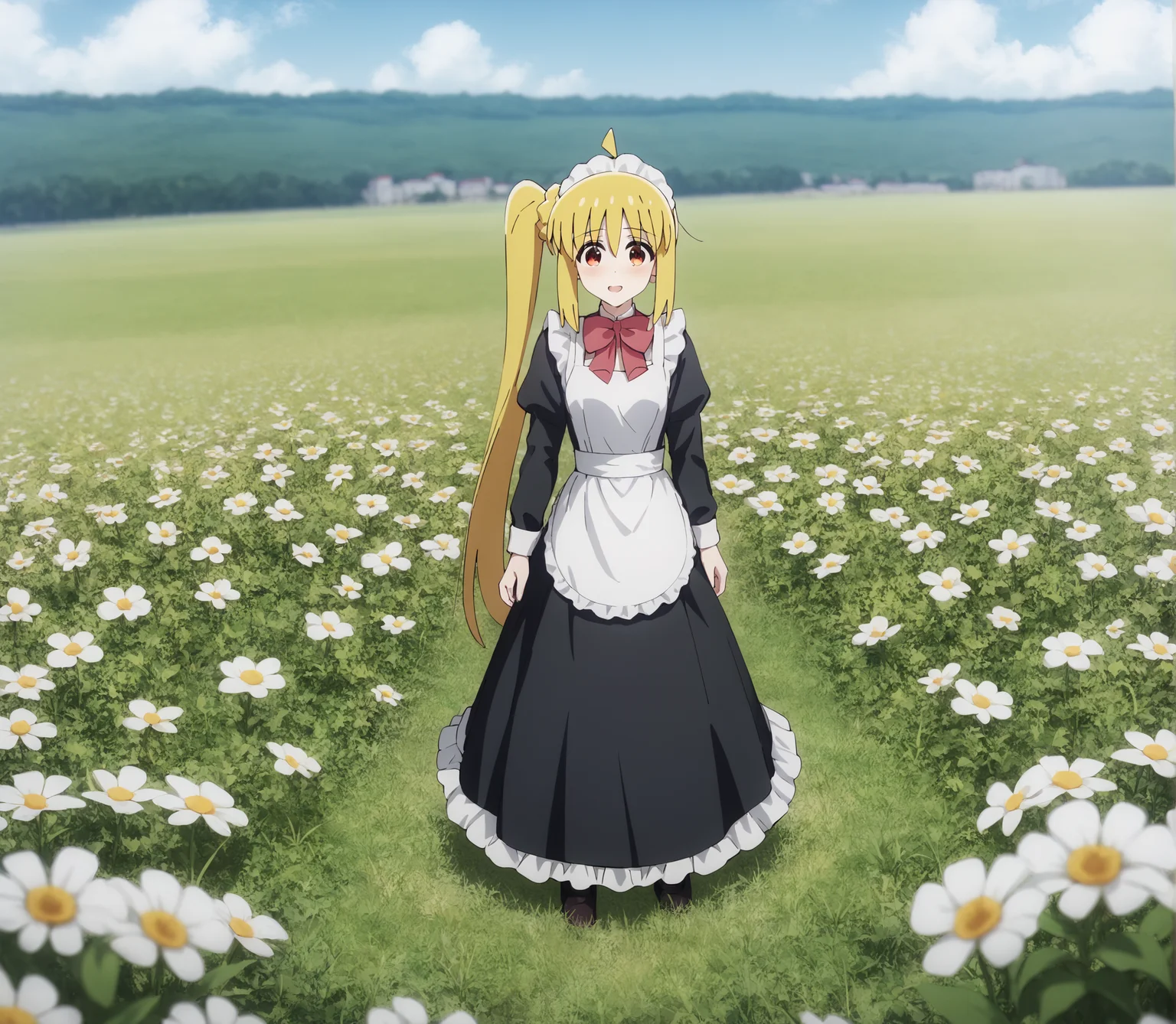 score_9, score_8_up, score_7_up, highres, hi res, best quality, masterpiece, 2d, intricate details, 4k, anime coloring, shadow, uncensored,
1girl, solo, female, :3, long hair, blonde hair, red eyes, ahoge, sidelocks, side ponytail, detached ahoge,
maid headdress, maid, maid apron, long sleeves, black dress, frills, frilled dress, frilled skirt, frilled sleeves, long dress,
cowboy shot, three-quarter portrait, facing viewer, front view, standing,
flower field, outdoors, grass, on grass, depth of field, motion blur, <lora:Nijika_Ijichi_1024_Pony:1>, ijichi nijika, bocchi the rock!,