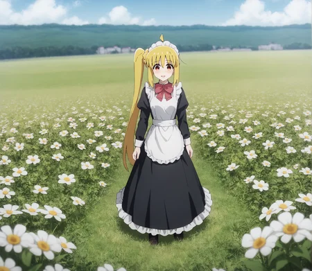 score_9, score_8_up, score_7_up, highres, hi res, best quality, masterpiece, 2d, intricate details, 4k, anime coloring, shadow, uncensored,
1girl, solo, female, :3, long hair, blonde hair, red eyes, ahoge, sidelocks, side ponytail, detached ahoge,
maid headdress, maid, maid apron, long sleeves, black dress, frills, frilled dress, frilled skirt, frilled sleeves, long dress,
cowboy shot, three-quarter portrait, facing viewer, front view, standing,
flower field, outdoors, grass, on grass, depth of field, motion blur, <lora:Nijika_Ijichi_1024_Pony:1>, ijichi nijika, bocchi the rock!,