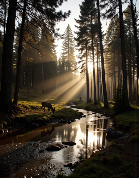 Photorealistic image of a serene forest at dawn, with the first rays of sunlight piercing through the mist and casting long shadows. A deer is quietly drinking from a stream, its reflection clear in the water. The image should be highly detailed, high definition, 4k, with a focus on the play of light and shadow and the tranquility of the scene.