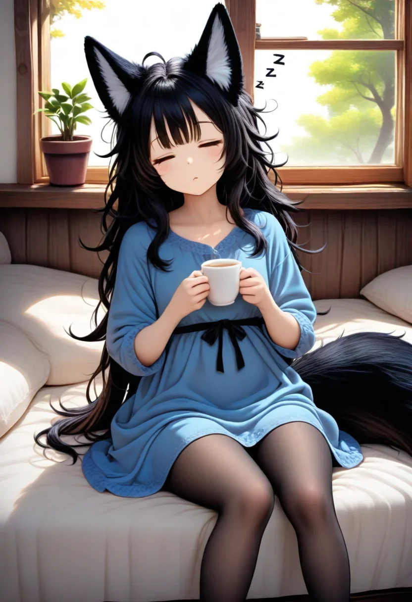 <lora:illustriousXL_stabilizer_v1.72:0.8>1girl,fox ears,black hair,messy hair,sitting,bed,fox tail,feet out of frame,wooden window,potted plant,tree,holding cup,sleepy,zzz,dress,pantyhose,masterpiece,