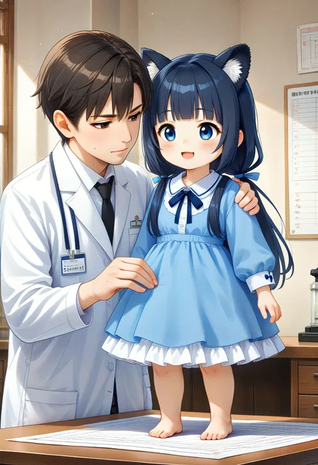 score_9, score_8_up, score_7_up, source_anime, anime screencap, masterpiece, insanely detailed, detailed background, zPDXL3, rating_safe,
<lora:Hyper-SDXL-8steps-lora:1> <lora:StS_PonyXL_Detail_Slider_v1.4_iteration_3:2>
1girl, black hair, bangs, Straight bangs, blunt bangs, hime cut, long hair, straight hair, low twintails, long pigtails, hair tie, blue hair tie,
dress, blue dress, neck ribbon, bule ribbon, skirt, barefoot,
<lora:Veterinarian_inspection:1>
vetcheck, vetcheck, human, famale veterinarian, lab coat, inspection, hands, human focus, 1boy, inspection table,
chibi, shortstack, animal ear, happy, joy,