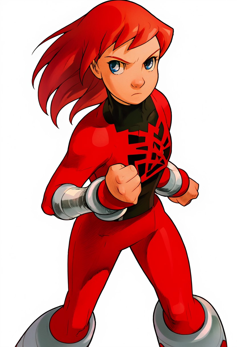 score_7_up, solo, cowboy shot, 1girl, female focus, 2D, julie_power, red hair, blue eyes, flat chest, super_suit, bracers, chest logo, upper body, detailed, MVC2style, simple background, white background, fighting stance,