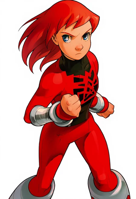 score_7_up, solo, cowboy shot, 1girl, female focus, 2D, julie_power, red hair, blue eyes, flat chest, super_suit, bracers, chest logo, upper body, detailed, MVC2style, simple background, white background, fighting stance,