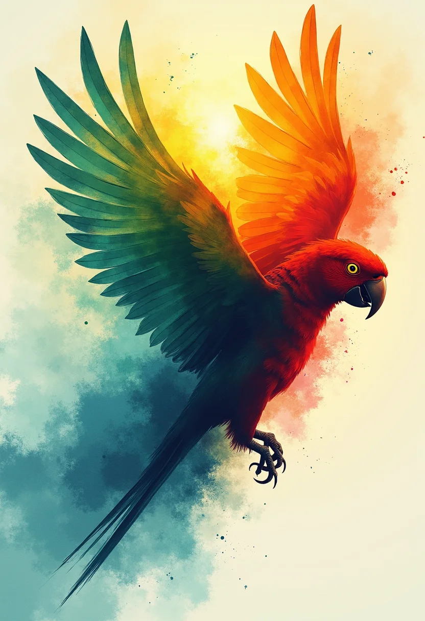 "Design an abstract image that symbolizes emotional healing and recovery, inspired by the vibrant energy and vivid colors of parrots. Use dynamic, sweeping lines that suggest the graceful flight of parrots, with bursts of color radiating outward, representing joy and freedom. Incorporate a lively color palette featuring bright greens, deep blues, bold reds, and sunny yellows, blending together in a harmonious yet vibrant composition. Subtle hints of parrot features—like the curve of a beak, the arc of wings in motion, or the flash of a tail feather—can be integrated into the abstract forms. The overall mood should evoke feelings of vitality, renewal, and the uplifting power of nature, reflecting the transition from emotional turmoil to a state of joyful recovery and vibrant life."