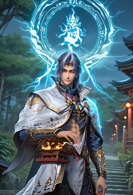 (Masterpiece:1.4), (best quality:1.2), (perfect anatomy), (perfect hands), (perfect face),1boy, solo, full body, LanGe, LanGe_silver-blue-hair, LanGe_long-medium-wavy-hair, LanGe_dark-eyebrows, LanGe_gray-eyes, LanGe_asian-shaped-eyes, animal_ears, fox ears, cute boy, Fox tail, glowing eyes, LanGe_prince-crown, ((LanGe_white-royal-mantle, LanGe_golden-royal-mantle-brooch)), black_gloves, beaded bracelet, backlit character, looking at viewer, smiling, closed mouth, half smile, thin waist, large chest, prominent pecs, BREAK,
shrine, japanese shrine, bamboo trees, night, nighttime, raining, heavy rain, light rays, light circle behind the character, low light, dark, blue fire wisp, gas body, paved path, moss, extreme detail, detailed scenery, detailed background,