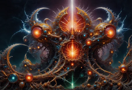 This is a highly detailed fractalex digital painting in a baroque style a compelling use of (snellâs law) how light travels through the lenses of spheres creating a gateway to other dimensions through an Electrified spectrum of fractal separation into multidimensional gateways with views of spiral galaxy, before entering a newdimension. precise fractal design, flowing curves, precision, colorful fractal geometry, harmonic interference, dismrt style, realism, detailed digital illustration, photo manipulation, altered realities, digital artistry, striking visuals, chiroscuro lighting, masterpiece, best quality, highres, high detail, sharp focus, detailed background, light reflection, photo-realistic, <lora:Epic_gorgeous_Details-flux.1:0.5> <lora:Amazing_scenery_v1:1> <lora:P-Mystic-Fusion_v10:0> <lora:flux.1_lora_surreal-tones_v1:0> <lora:RealisticDigitalPainting-flux:0.6> <lora:Electrified_Flux_v1:1> <lora:Dorota_Pietrowiak-Flux:0.3> <lora:best_of_flux_v30_rank64_bf16-step01750:0.65> <lora:ral-frctlgmtry_flux:0.65> <lora:fractalex:0.5441650390625> <lora:-_Flux1_-_vanta_black_V2.0:1>