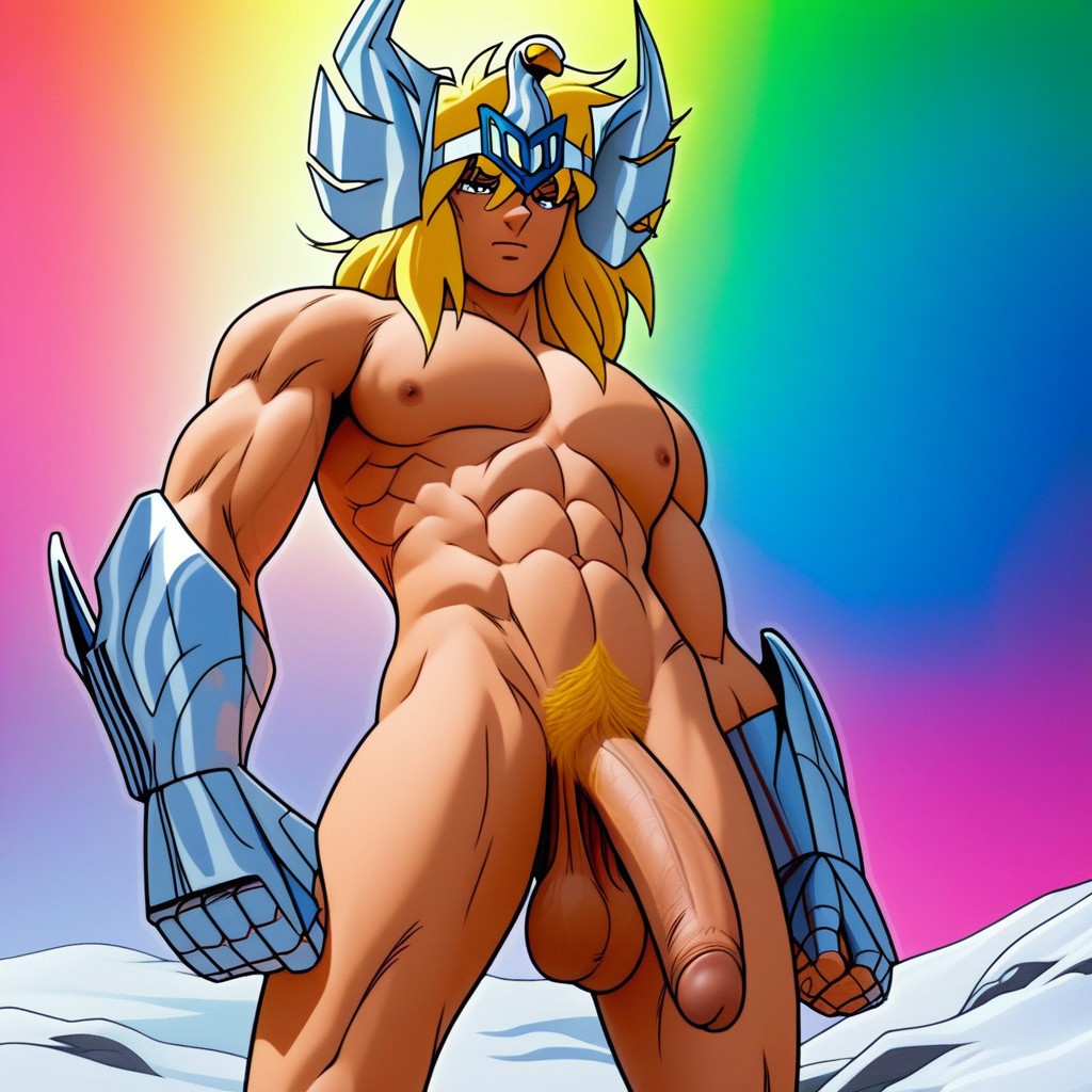 score_9, score_8_up, score_7_up, 1boy, solo, Cygnus_Hyoga, Cygnus helmet, armored  boots, 1boy, blonde hair, long hair, blue eyes, bangs, light skin, handsome boy, fit body, sexy, nude, naked, muscular, pecs, biceps, v-shape, abs, fitness model, abs, strong legs, homoerotic, towering over viewer, blonde pubic hair, penis exposed, long penis, flaccid, saggy balls, dynamic angle, low angle view, hd render, snow, ice, north pole, outdoors, aurora sky, hyper realistic, high quality, hd render, retro artstyle, 1990s_(style), 1980s_(style)