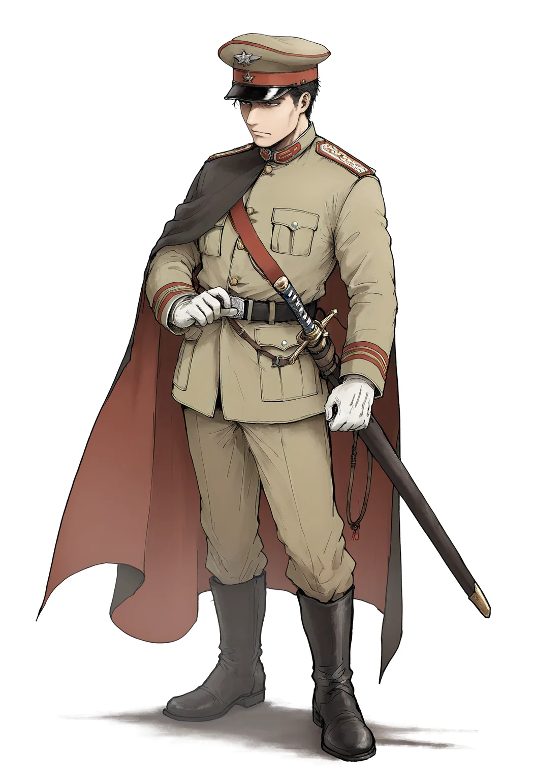 masterpiece,best quality,
solo, simple background, black hair, gloves, 1boy, hat, white background, standing, full body, weapon, male focus, boots, belt, sword, white gloves, cape, black footwear, uniform, military, military uniform, sheath, peaked cap, sheathed, military hat, imperial japanese army,
nnk, <lora:nnk_IllustriousXL_v1.0:0.75>