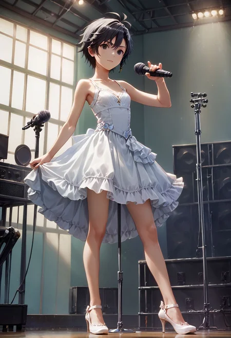 score_9,score_8_up,score_7_up,score_6_up,source_anime, <lora:Worldly_XL:1> (rock concert, microphone stand, microphone:1.3), playing guitar, live concert
1girl, solo, full figure,
<lora:KikuchiMakoto_pony_v1:0.9> kikuchi makoto, kkcmkt, short hair, black hair, antenna hair, hair between eyes, black eyes, flat chest, small breasts, (long legs:1.2), white dress, white shoes, delicate strappy heels,
zPDXL, zPDXL-neg