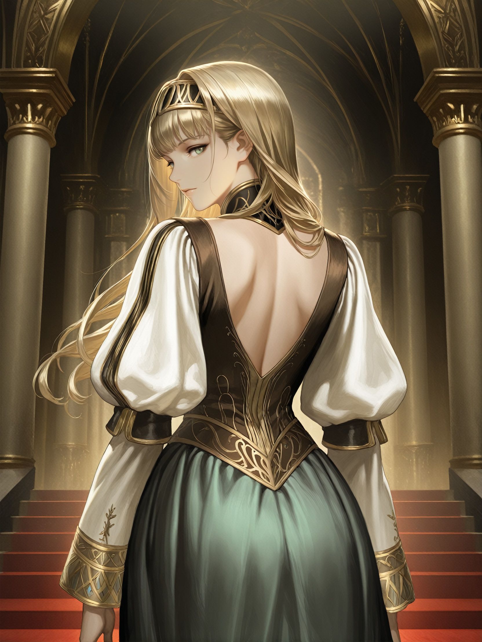 masterpiece, best quality, absurdres,
<lora:ILVPAlicia:1.0>
VPAlicia, 1girl, blonde hair, long hair, green eyes, headband, looking at viewer, luxurious outfit, majestic backdrop, grand palace, regal elegance, ultra-detailed, dramatic shadows, Vogue-style editorial, timeless beauty, cinematic composition, from behind, looking at viewer