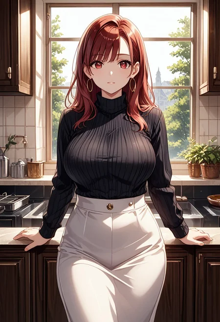 score_9, score_8_up, score_7_up, (masterpiece, detailed:1.2), (best quality:1.2), (High Resolution), (More Details), (8K), (High Resolution), female focus, sharp focus, newest, ultra-detailed, 1girl, solo, mature woman, milf, long hair, red hair, red eyes, large breasts, jewelry, earrings, sweater, turtleneck, hoop earrings, black sweater, white skirt, full body, various expressions, various poses, front view, kitchen, house