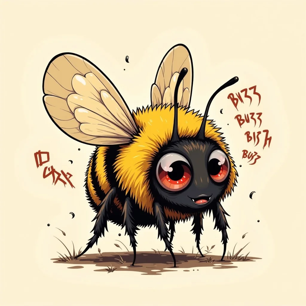simplistic demented-looking bumble bee with the text "BUZZ BUZZ BUZZ" written all around the bee, creepy eyes, (thousand yard stare, (mouthless) greatest quality, best quality, cute, buzz