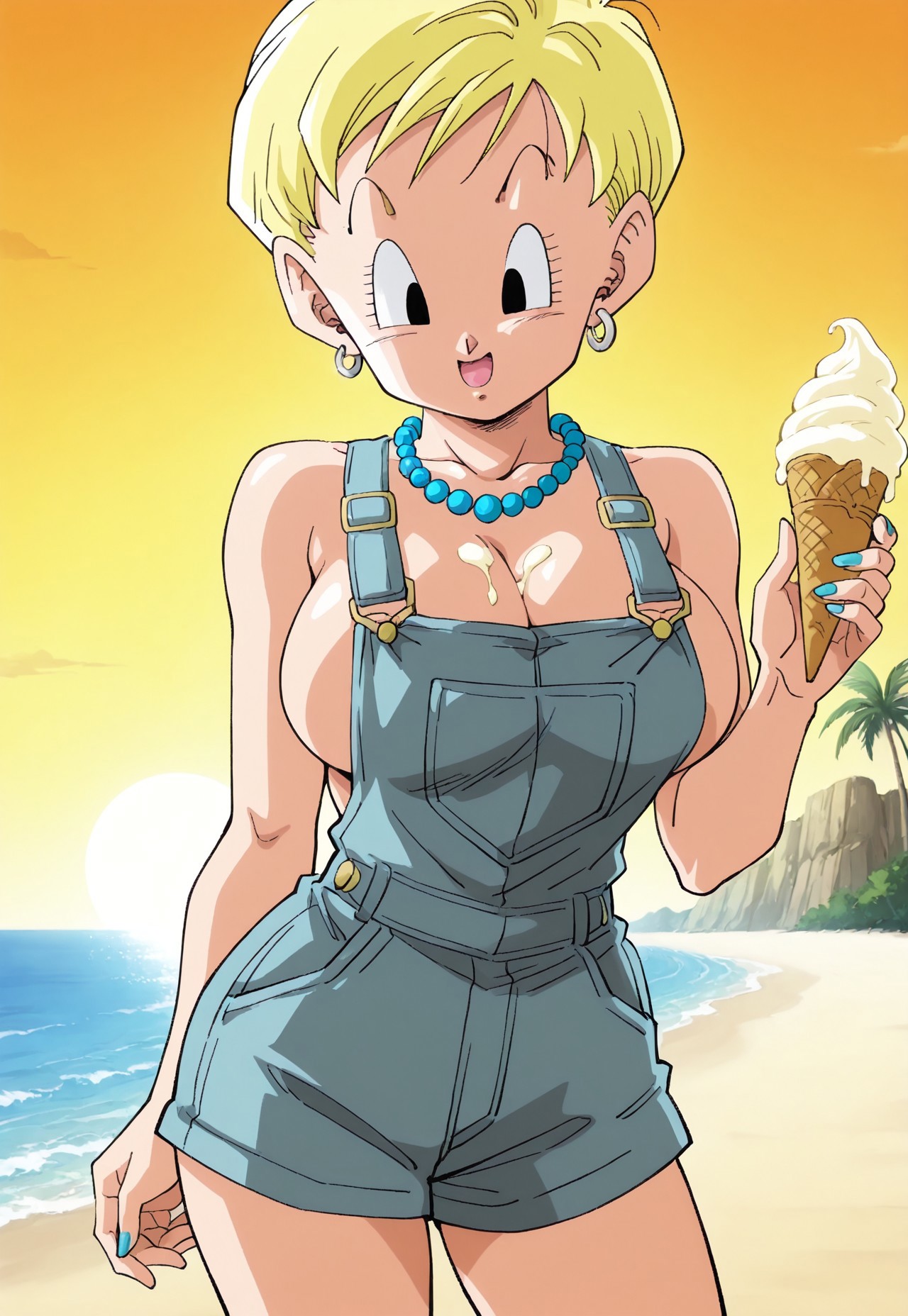safe_pos, Tights_DB, black eyes, messy blonde hair, short hair, large breasts, athletic body, nail polish, BREAK, 

naked overalls, red beach sandals, jewelry, earrings, beaded necklace, BREAK, 

from the side, close-up, mid-action, holding ice cream cone, ice cream melting, ice cream dripping on cleavage, (looking down at boobs), laugh, BREAK, 

outdoors, golden hour lighting, beach, (palm trees:1.2), sunset reflecting on water, BREAK,

(safe_pos, fine texture, masterpiece, ultra-detailed, very awa, best quality, very aesthetic, absurdres, newest, volumetric lighting, scenery), dragon_ball_z, source_anime, anime screenshot, original art style, anime screencap, BREAK,