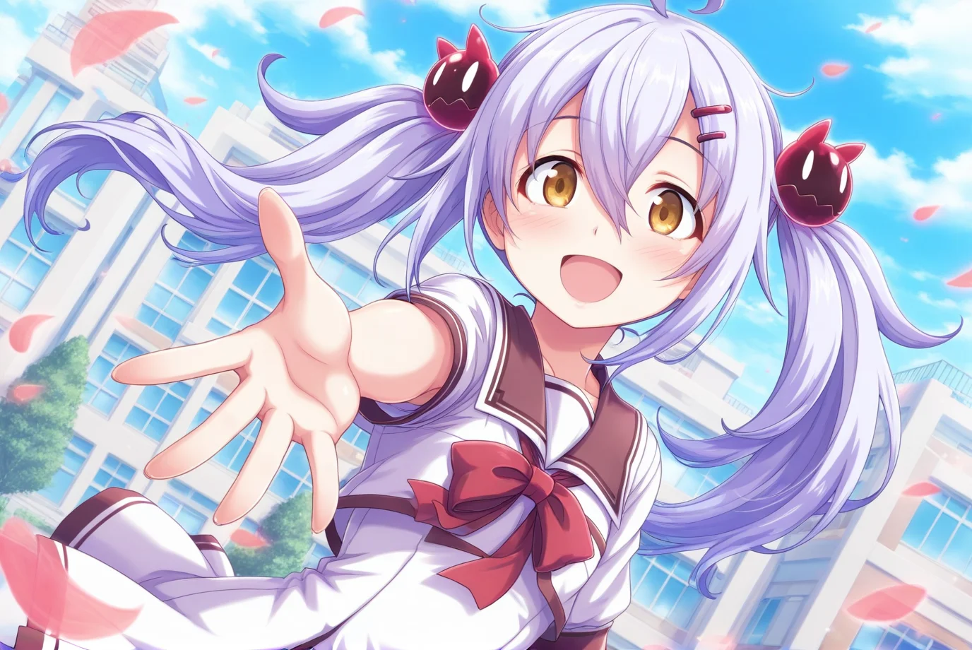 konndouchiru,1girl,hair ornament,solo,open mouth,twintails,smile,outdoors,ahoge,day,blush,sky,hair between eyes,hairclip,school uniform,looking at viewer,bangs,blue sky,long hair,sailor collar,short sleeves,cloud,dutch angle,bow,petals,:d,building,red bow,outstretched arm,yellow eyes,bowtie,upper body,brown eyes,dress,shiny hair,ribbon,<lora:konndouchiru:0.8>,, masterpiece,best quality,amazing quality,