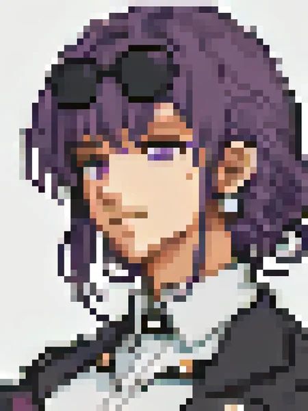 score_9, score_8_up, score_7_up, source_anime BREAK 1girl, solo, <lora:zs_FE5PortraitsXL:1> fe5portraits, portrait, white background, pixel art, <lora:kafka-hsr-richy-v1_pdxl:0.7> kfka, purple eyes, purple hair, bangs, sidelocks, eyewear on head, earrings, white shirt, collared shirt, long sleeves, black jacket, no pupils, pearl earrings