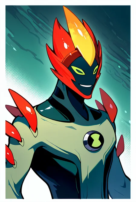 <lora:swampfire-10:1> swampfire, colored skin, spikes, colored sclera, 1boy, green skin, green eyes, pokemon (creature), shoulder spikes, no humans, smile,  green background, smiling,, ((upper body, halftone effect, white borders, abstract background:1.2,)), masterpiece, best quality, amazing quality, very aesthetic, absurdres, newest,