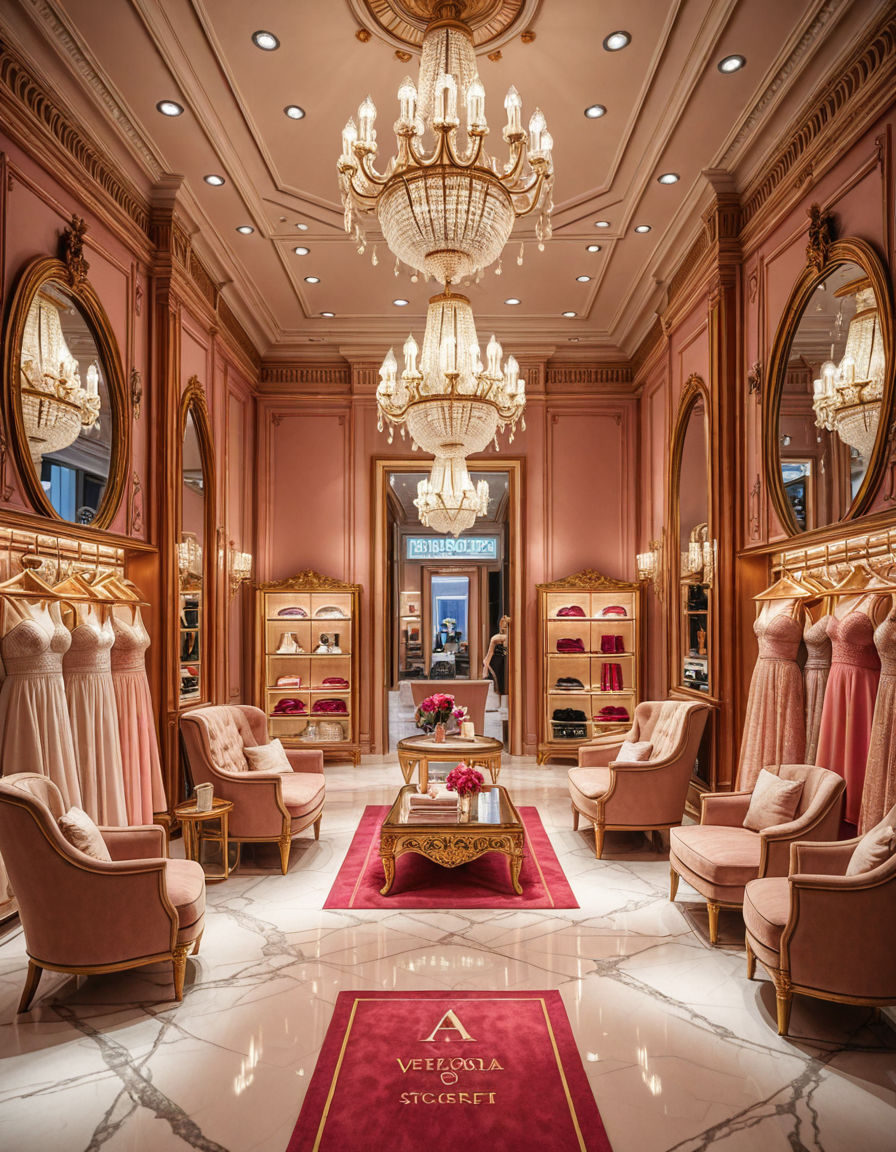 A luxurious high-end lingerie boutique interior, inspired by Victoria's Secret flagship stores. Elegant pink and gold color palette, soft ambient lighting, large crystal chandeliers hanging from the ceiling, velvet armchairs, marble floors, and ornate mirrors. Chic lingerie displayed on golden racks and mannequins wearing lace and satin pieces. The boutique features glamorous wall decor, a plush fitting area, and branded shopping bags. The atmosphere is opulent, feminine, and seductive, with a refined and exclusive design. Wide-angle view, sharp focus, cinematic lighting.
<lora:SDXLFaeTastic2400:0.4> <lora:extremely_detailed:0.4> extremely detailed,high-end lingerie b0ut1qu3 <lora:high-end_lingerie_b0ut1qu3-i:1>, Masterpiece,best quality,hi res,8k,hi res,8k,award winning,(sharp focus, intricate, highly detailed),