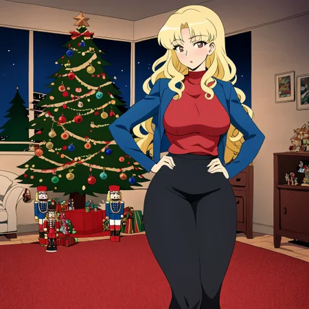 sfw, score_5_up, (best_quality:1.0), score_9, score_8_up, anime coloring, solo, medium breasts, wide hips, big hips, toned thighs, parted lips, solo, anime coloring,(brown eyes), black eyeliner, eyelashes, (long, blonde hair, long hair, curly), blush, (perfect face), milf, slender, big breasts, red shirt, nutcracker, Black Pencil skirt, pantyhose, blue jacket, 1990s_(style), retro style, living room, night, christmas tree, christmas ornaments, red carpet