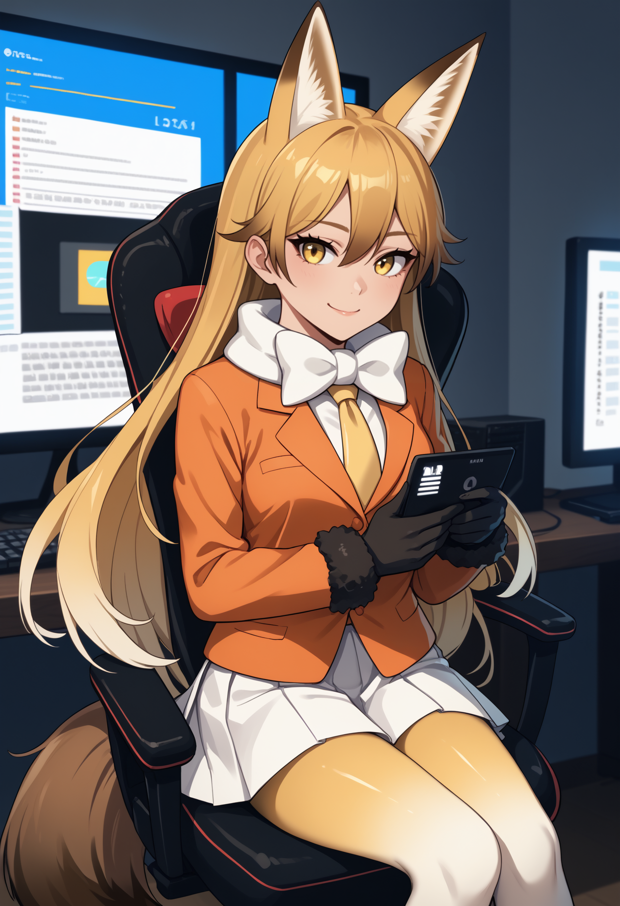 score_9, score_8_up, score_7_up, source_anime, <break> solo, 1girl, ez0r3df0x, fox tail, light smile, looking at you, sitting, gaming chair, multicolored hair, blonde hair, brown hair, animal ears, extra ears, yellow eyes, fur trim, orange jacket, blazer, white bowtie, yellow necktie, long sleeves, fur-trimmed sleeves, black gloves, white skirt, pleated skirt, gradient legwear, yellow pantyhose, indoors, table, computer, monitor, keyboard \(computer\)
<segment:yolo-face_yolov8m.pt,0.4,0.5//cid=1>