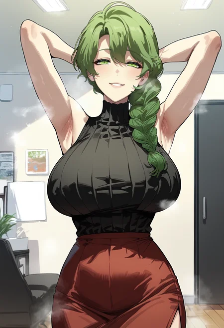 score_9, score_8_up, score_7_up, score_6_up, source_anime, rating_explicit, 1girl, solo, huge breasts, <lora:druggistponyxl:1> green eyes, green hair, long hair, single braid, braided ponytail, ribbed sweater, turtleneck sweater, black sweater, sleeveless, red skirt, pencil skirt, smile, half-closed eyes, parted lips, Narrow shoulders, heavy breathing, steaming body, living room, indoors, looking at viewer, close-up, standing, arms behind head, armpits