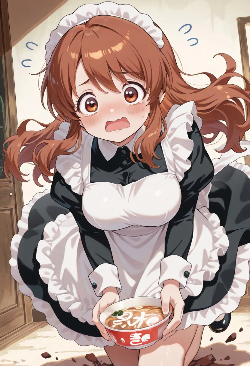 1girl, solo, asahina mikuru,
both hands holding bowl, maruchan akai kitsune udon, (tripping, clumsy,midair), big eyes, wavy mouth,
maid, maid apron, maid headdress, puffy sleeves,
masterpiece,best quality,amazing quality,very aesthetic,absurdres,newest, very awa,