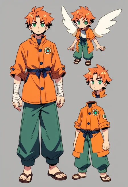 score_9, score_8_up, score_7_up, score_6_up, simple background, character sheet, looking at viewer, full body, 1boy, solo, character sheet, reference sheet, young man, white spiky hair, medium hair, green spiral eyes, pale skin, orange coat, baggy pants, hand wraps, arm wraps, sandals, alien angel wings, one hand with a Omega Sword