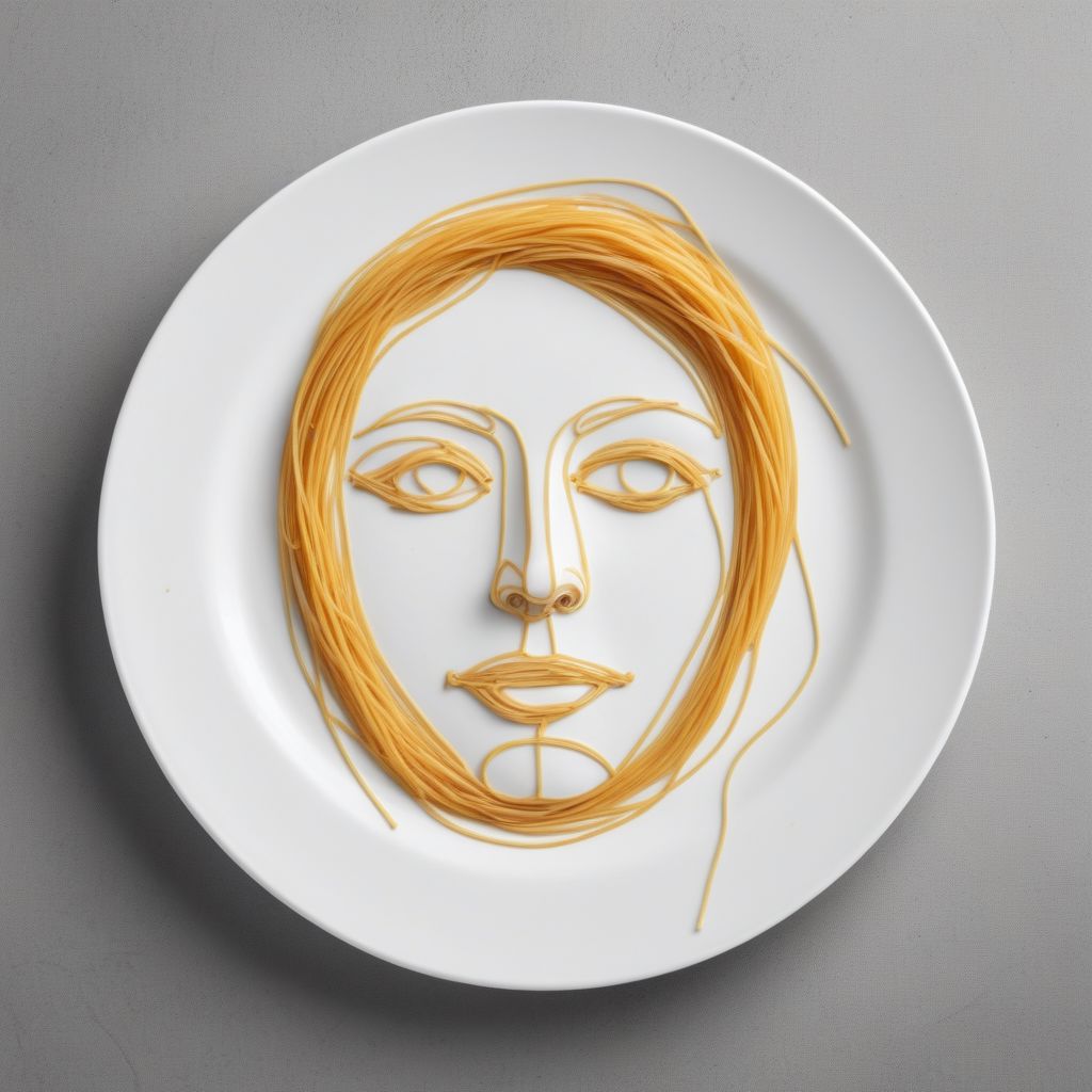from above, minimalist, empty dinner plate, line drawing of a face made using strings of spaghetti, masterpiece, best quality, ultra realistic,32k,RAW photo,detail skin, 8k uhd,high quality, ,