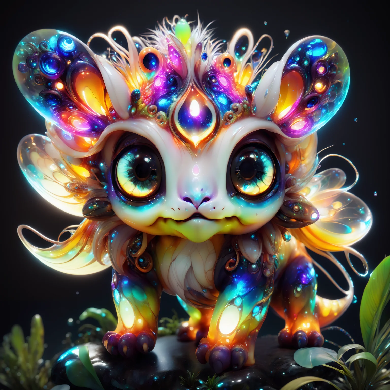 <lora:aiai-DiscoLucid-XL1-v1-captions:0.75> aiai-DiscoLucid style cute furry water creature with large detailed eyes and long realistic fur, pixar style character design, ethereal glow, lushfoliage, tropical , masterpiece, its body is covered in a thick layer of mucus, otherworldly appearance, infused dark magic, exaggerated colorful art, mysticism, unique immersive, highly detailed, 8K vibrant colors, high contrast, vivid lighting, hyperrealism