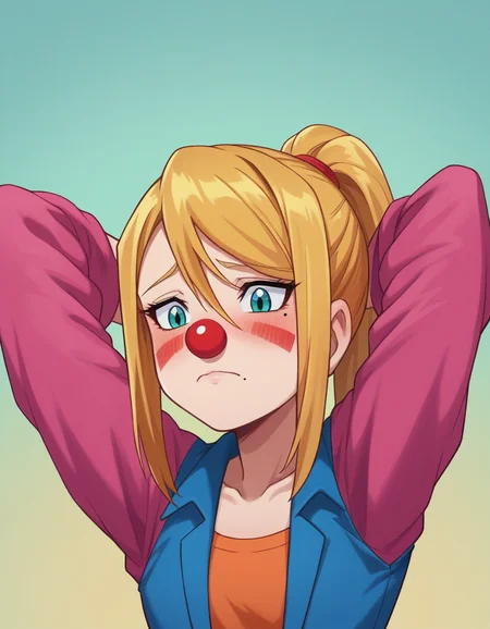 zPDXL, score_9, score_8_up, score_7_up, source_anime,
<lora:Digimon_v2-15:1> digimon, Samus, blonde hair, ponytail, mole under eye, shy, blush, arms behind head, clown, red plastic nose, white face paint, wearing a orange oversized colorful blazer,striped pants,glittery shoes, orange hair with a bowler hat, big red nose, rainbow face paint,